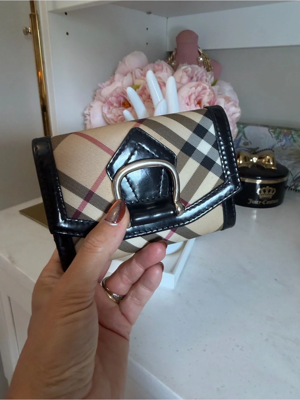 Burberry Beige Plaid Compact Wallet with Black Trim